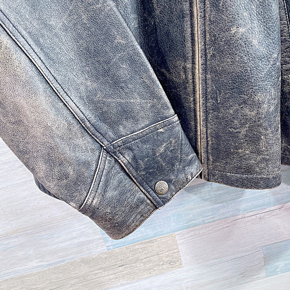 Timberland 100% Cowhide Leather Distressed Jacket Brown Zip Up Vintage Mens XL - Picture 3 of 10